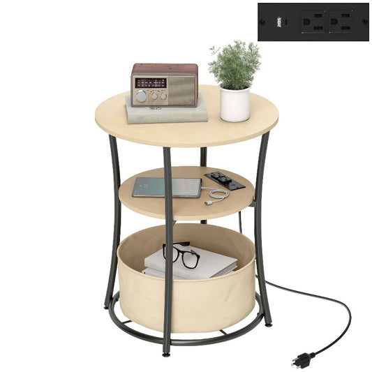 Round Side Table with Charging Station 3-Tier End Table with Fabric Storage Bag and Shelf Natural Wood